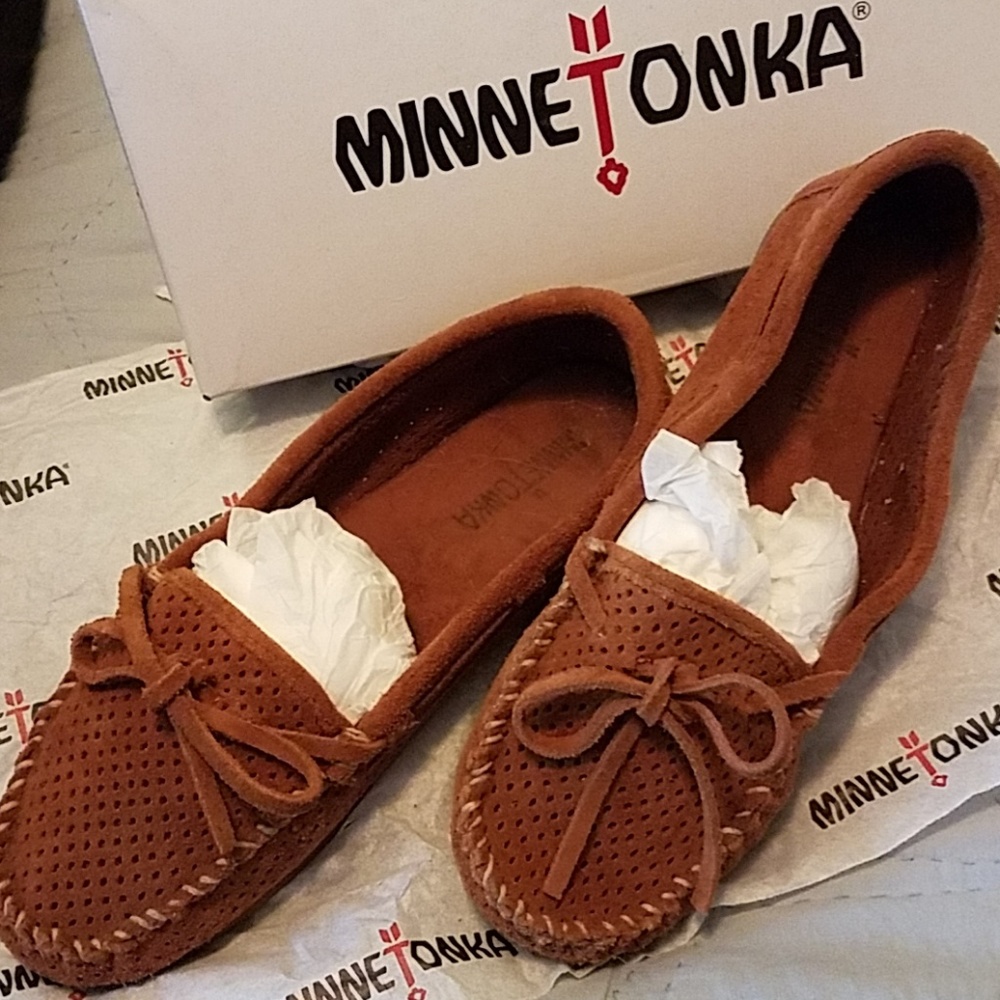 Carmel colored suede Minnetonka Moccasins